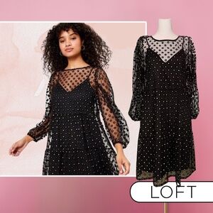 NWT LOFT Black & Gold Polka Dot Mesh Overlay Dress - Size S
